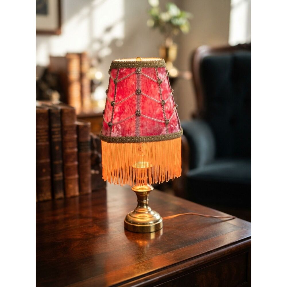 Vintage Brass Accent Table Lamp Hand-Restored Mauve Crushed Velvet & Faux Pearls